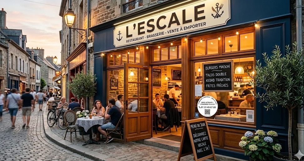 Devanture du restaurant L'Escale, le soir, terrasse animée